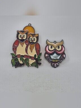 Vintage 1980's Owl Stained Glass Style Suncatchers